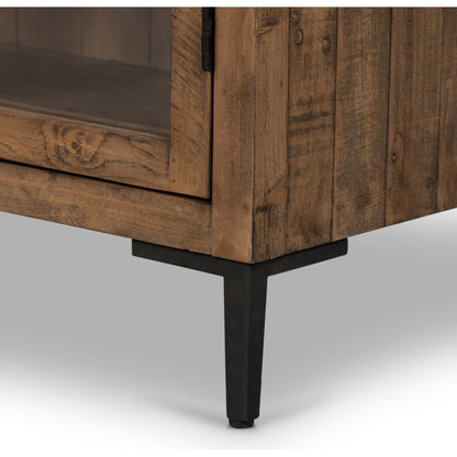 Wyeth Cabinet by Four Hands in dark carbon, tempered glass, antique brass and dark carbon. Made from solid reclaimed pine, iron in a modern style.