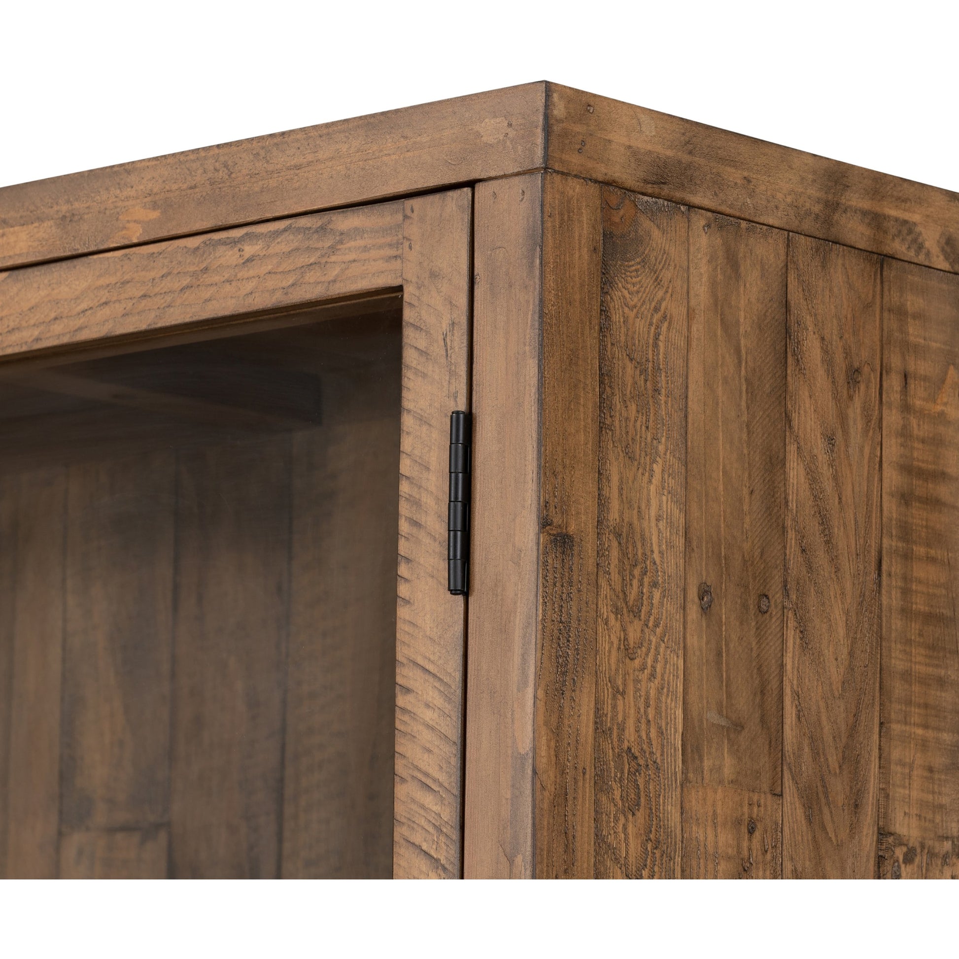 Wyeth Cabinet by Four Hands in dark carbon, tempered glass, antique brass and dark carbon. Made from solid reclaimed pine, iron in a modern style.