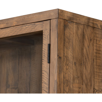 Wyeth Cabinet by Four Hands in dark carbon, tempered glass, antique brass and dark carbon. Made from solid reclaimed pine, iron in a modern style.