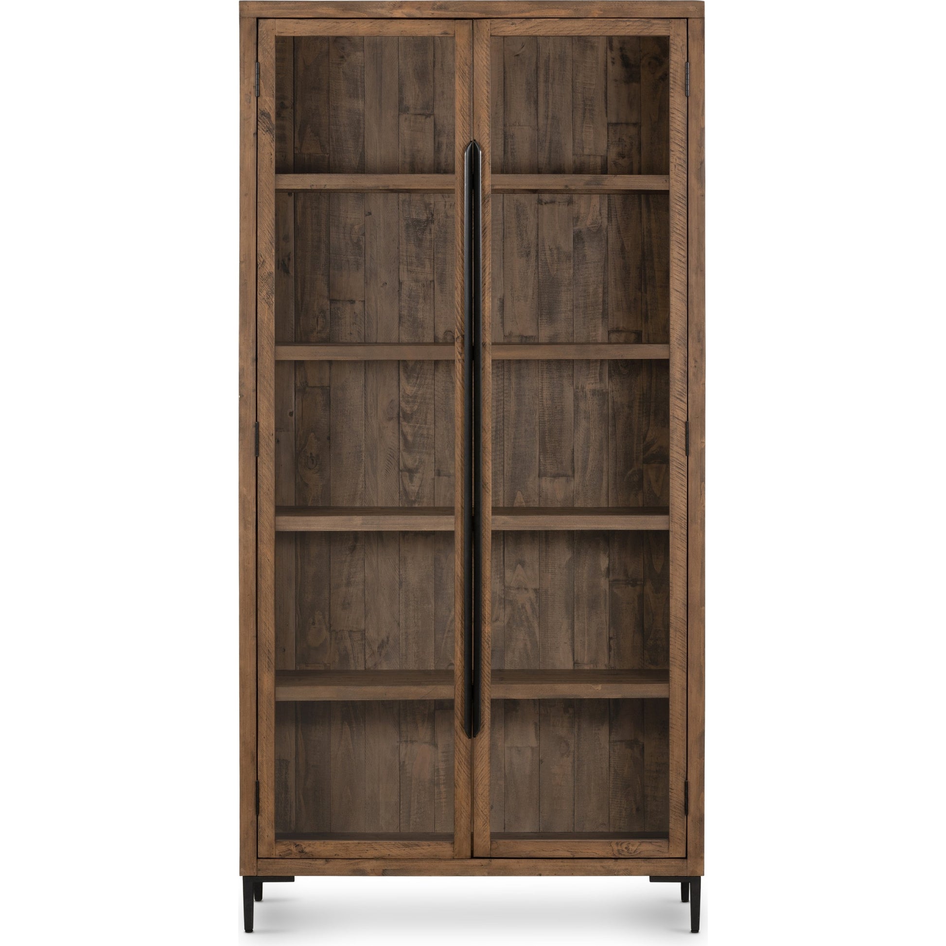 Wyeth Cabinet by Four Hands in dark carbon, tempered glass, antique brass and dark carbon. Made from solid reclaimed pine, iron in a modern style.