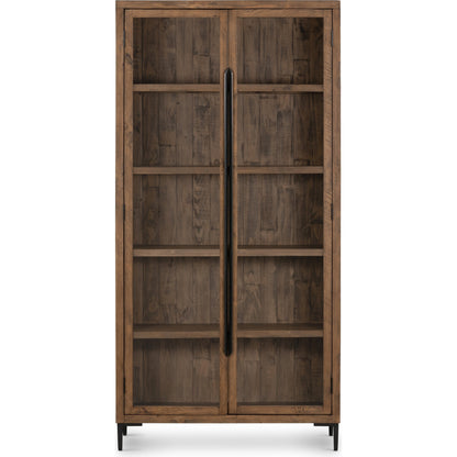 Wyeth Cabinet by Four Hands in dark carbon, tempered glass, antique brass and dark carbon. Made from solid reclaimed pine, iron in a modern style.