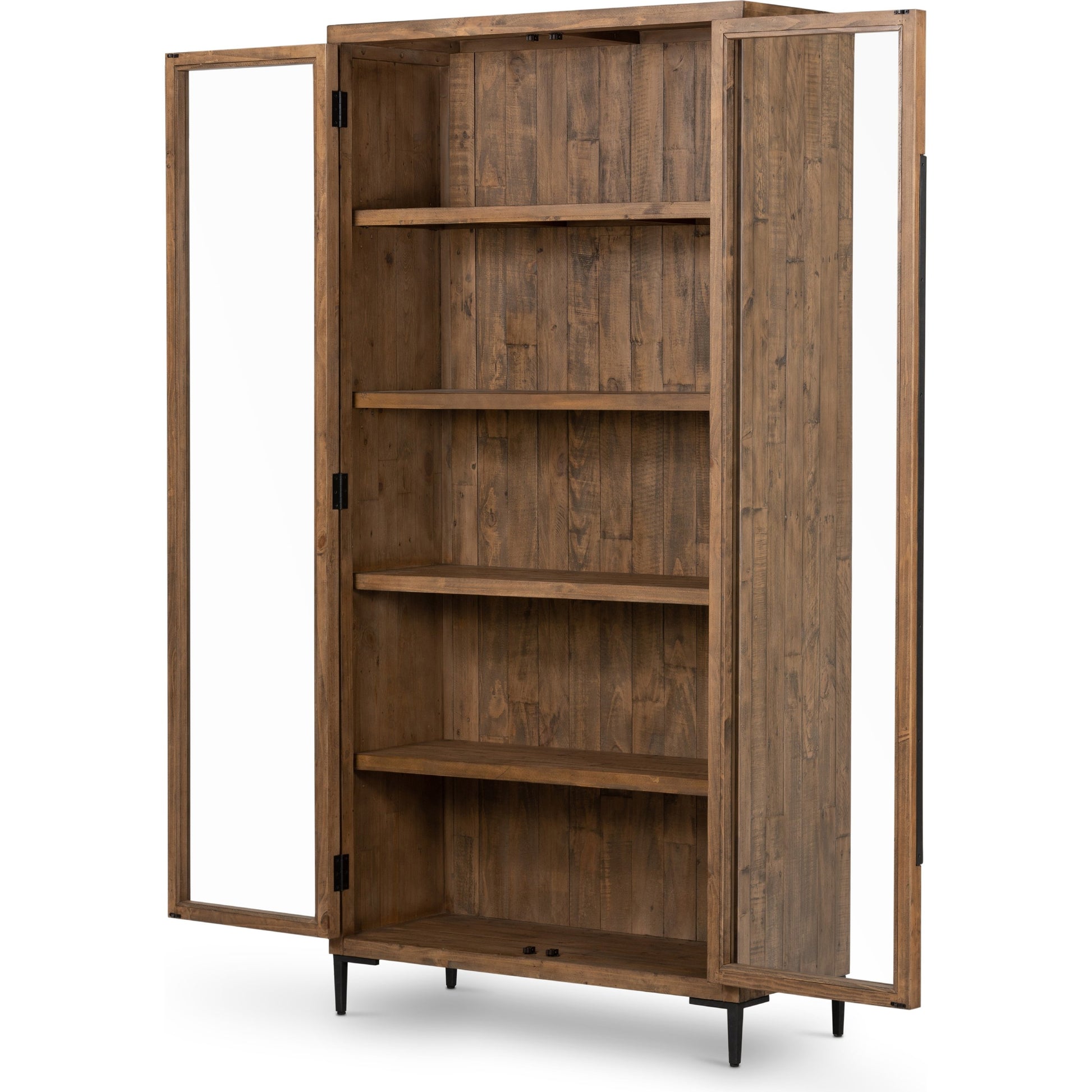 Wyeth Cabinet by Four Hands in dark carbon, tempered glass, antique brass and dark carbon. Made from solid reclaimed pine, iron in a modern style.