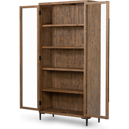 Wyeth Cabinet by Four Hands in dark carbon, tempered glass, antique brass and dark carbon. Made from solid reclaimed pine, iron in a modern style.