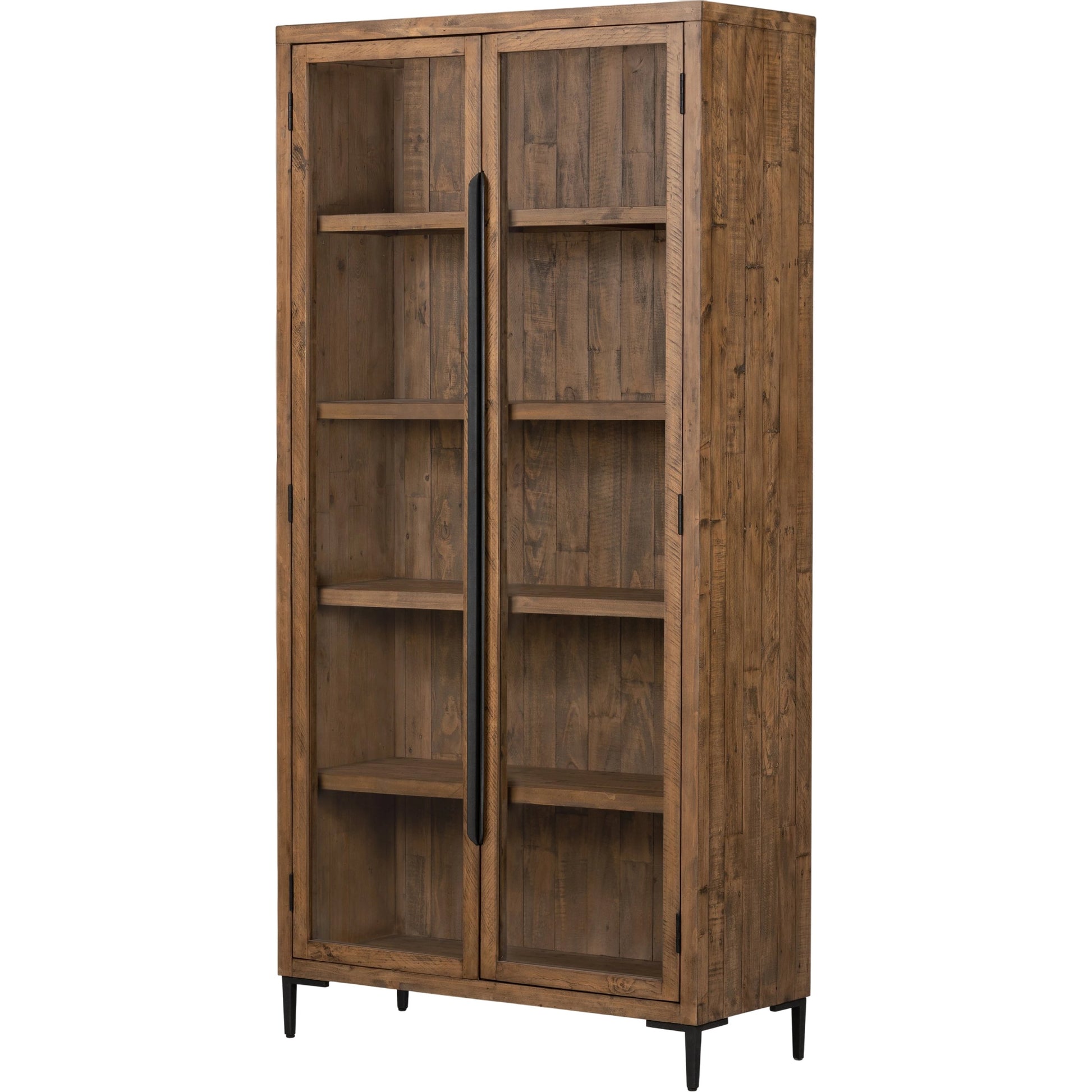 Wyeth Cabinet by Four Hands in dark carbon, tempered glass, antique brass and dark carbon. Made from solid reclaimed pine, iron in a modern style.