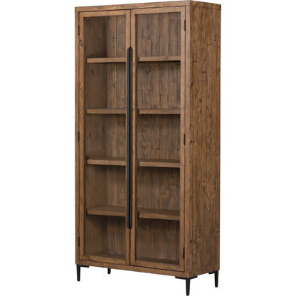 Wyeth Cabinet by Four Hands in dark carbon, tempered glass, antique brass and dark carbon. Made from solid reclaimed pine, iron in a modern style.