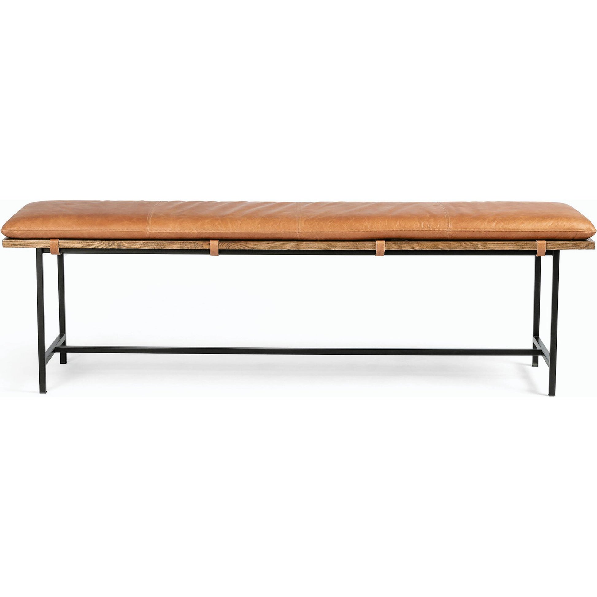 Gabine Accent Bench by Four Hands in brandy and midnight iron, toasted nettlewood. Made from top grain leather, iron, solid nettlewood in a modern style.