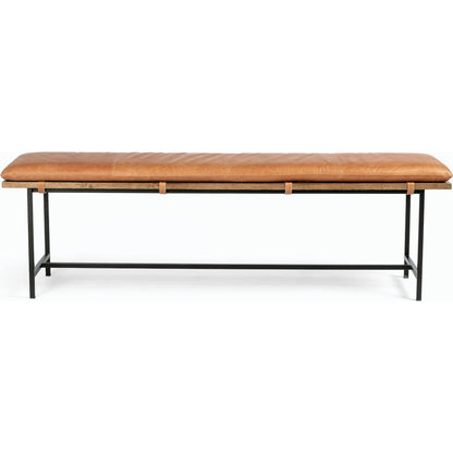 Gabine Accent Bench by Four Hands in brandy and midnight iron, toasted nettlewood. Made from top grain leather, iron, solid nettlewood in a modern style.