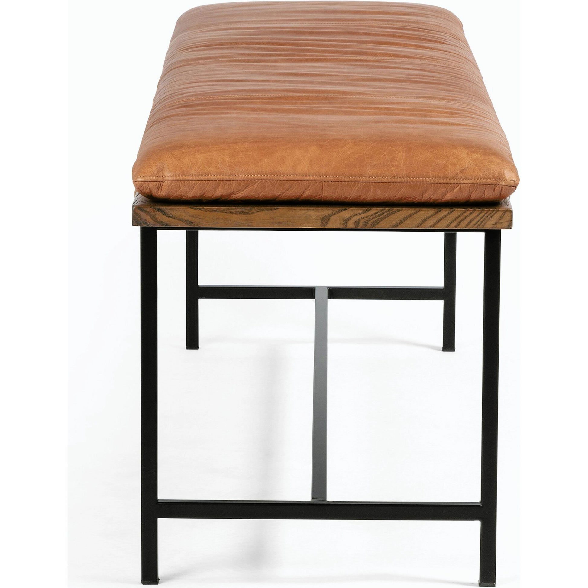 Gabine Accent Bench by Four Hands in brandy and midnight iron, toasted nettlewood. Made from top grain leather, iron, solid nettlewood in a modern style.