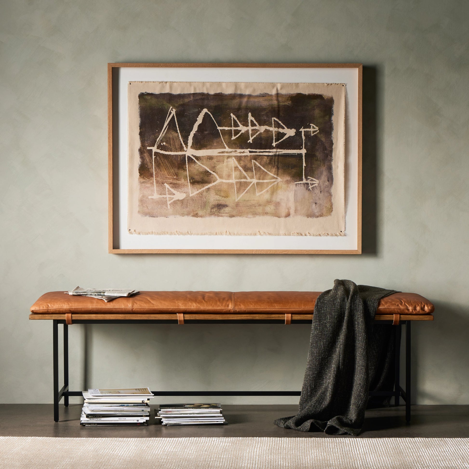 Gabine Accent Bench by Four Hands. Made from top grain leather, iron, solid nettlewood in a modern style.