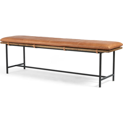 Gabine Accent Bench by Four Hands in brandy and midnight iron, toasted nettlewood. Made from top grain leather, iron, solid nettlewood in a modern style.