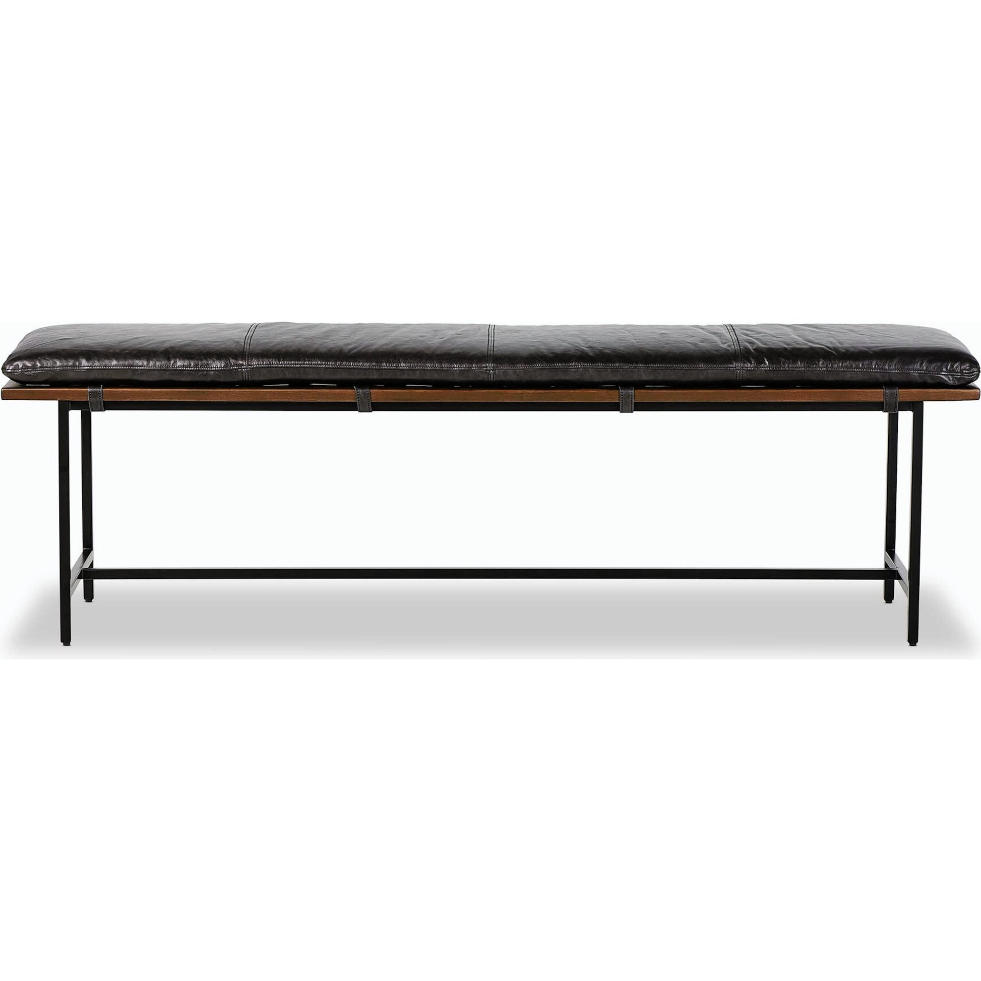 Gabine Accent Bench by Four Hands in brandy and midnight iron, toasted nettlewood. Made from top grain leather, iron, solid nettlewood in a modern style.