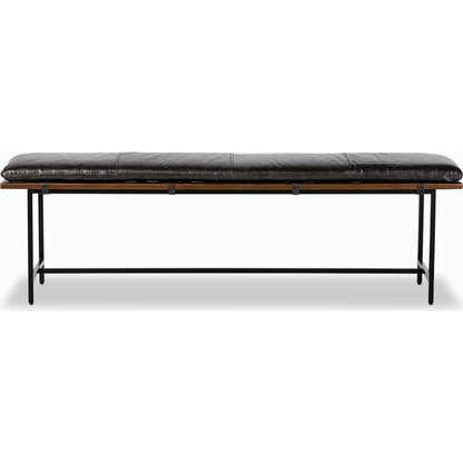 Gabine Accent Bench by Four Hands in brandy and midnight iron, toasted nettlewood. Made from top grain leather, iron, solid nettlewood in a modern style.