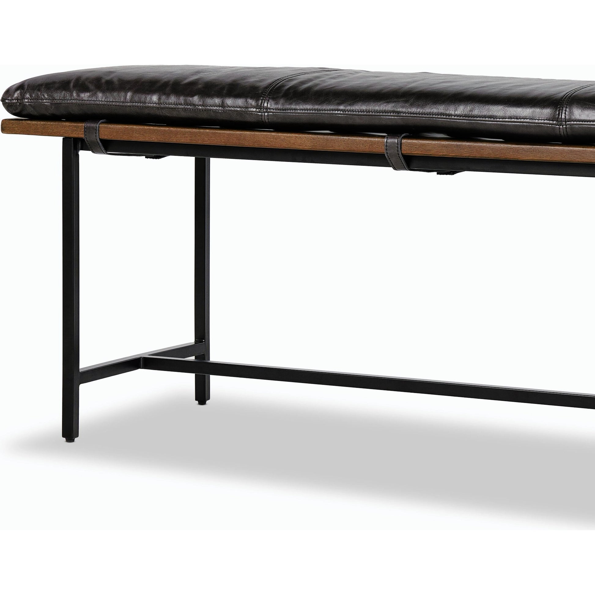 Gabine Accent Bench by Four Hands in brandy and midnight iron, toasted nettlewood. Made from top grain leather, iron, solid nettlewood in a modern style.