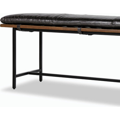 Gabine Accent Bench by Four Hands in brandy and midnight iron, toasted nettlewood. Made from top grain leather, iron, solid nettlewood in a modern style.
