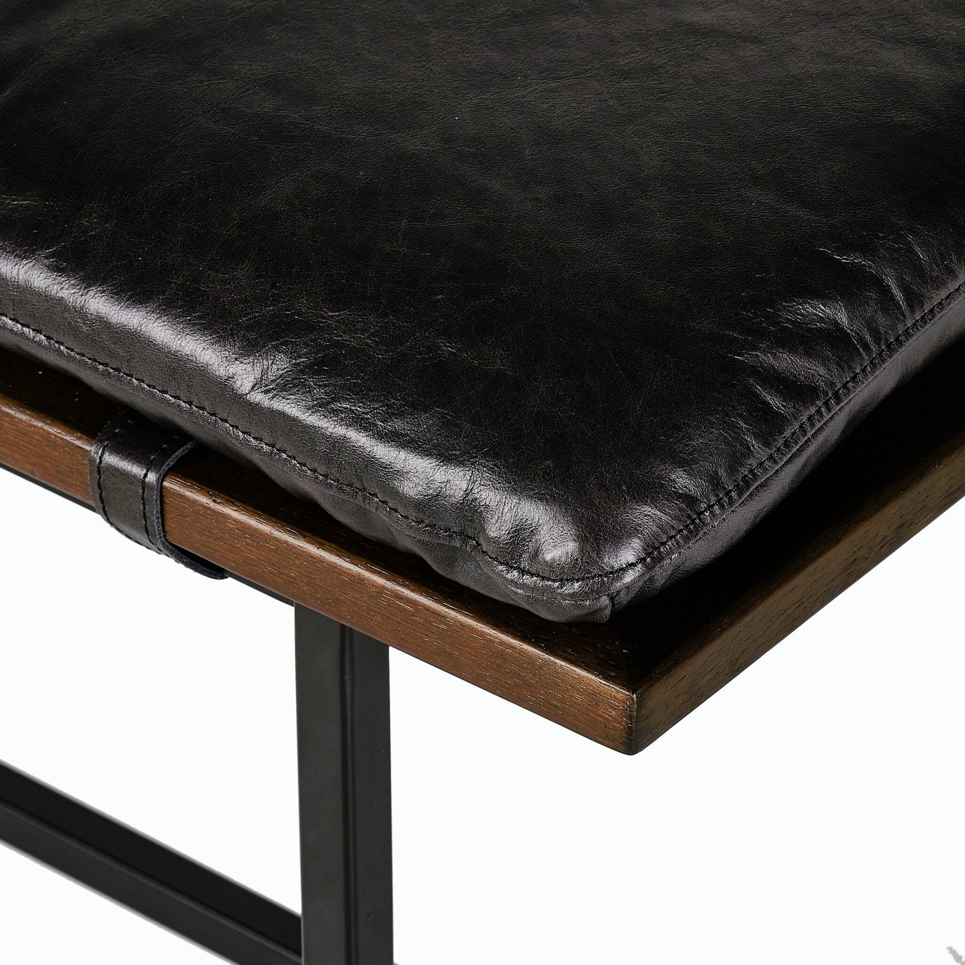 Gabine Accent Bench by Four Hands in brandy and midnight iron, toasted nettlewood. Made from top grain leather, iron, solid nettlewood in a modern style.