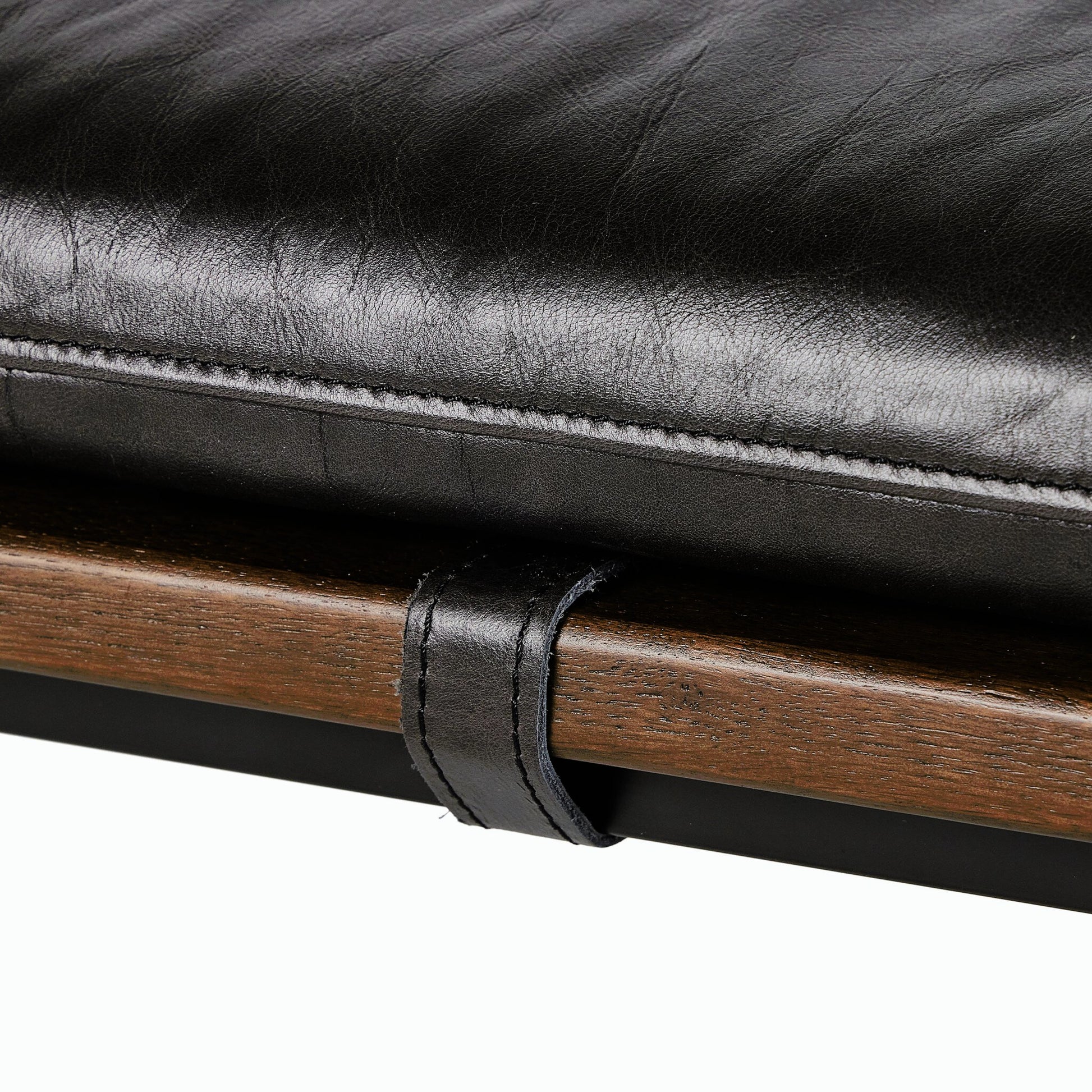 Gabine Accent Bench by Four Hands in brandy and midnight iron, toasted nettlewood. Made from top grain leather, iron, solid nettlewood in a modern style.