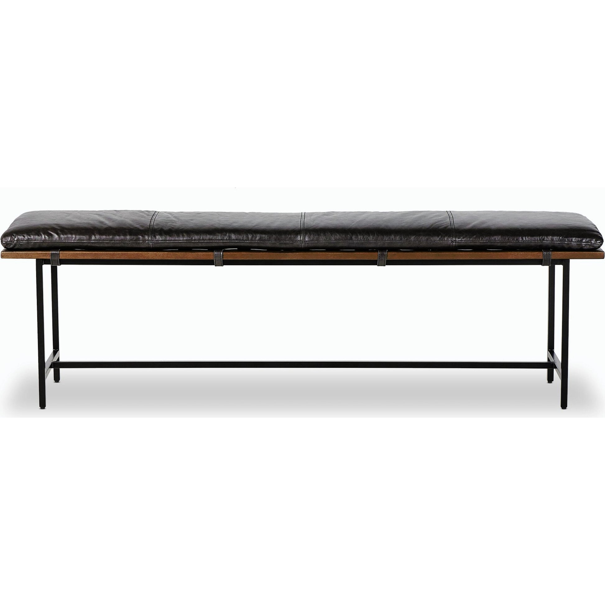 Gabine Accent Bench by Four Hands in brandy and midnight iron, toasted nettlewood. Made from top grain leather, iron, solid nettlewood in a modern style.