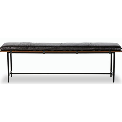 Gabine Accent Bench by Four Hands in brandy and midnight iron, toasted nettlewood. Made from top grain leather, iron, solid nettlewood in a modern style.
