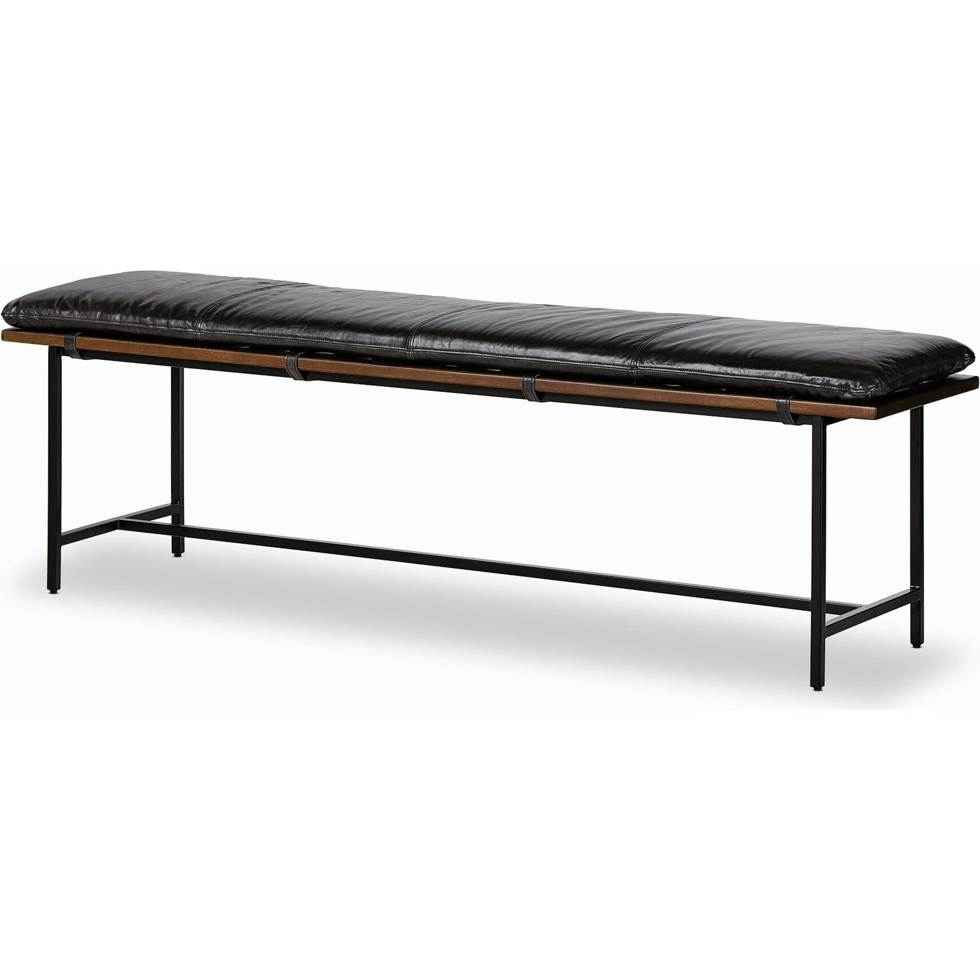 Gabine Accent Bench by Four Hands in brandy and midnight iron, toasted nettlewood. Made from top grain leather, iron, solid nettlewood in a modern style.