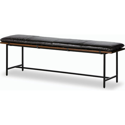Gabine Accent Bench by Four Hands in brandy and midnight iron, toasted nettlewood. Made from top grain leather, iron, solid nettlewood in a modern style.