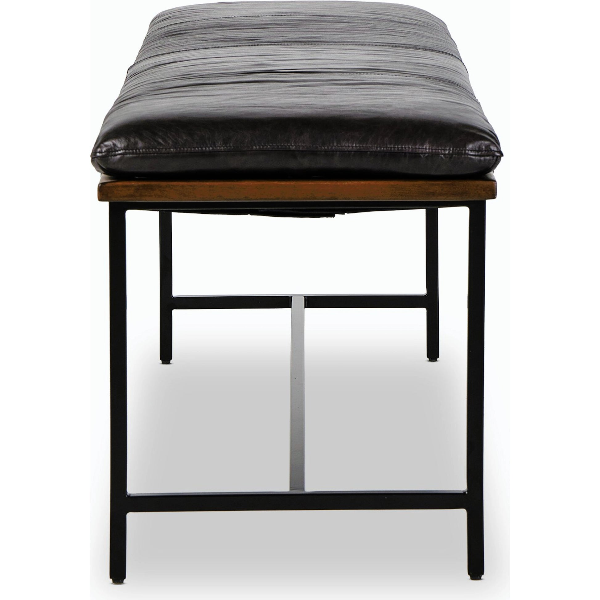 Gabine Accent Bench by Four Hands in brandy and midnight iron, toasted nettlewood. Made from top grain leather, iron, solid nettlewood in a modern style.