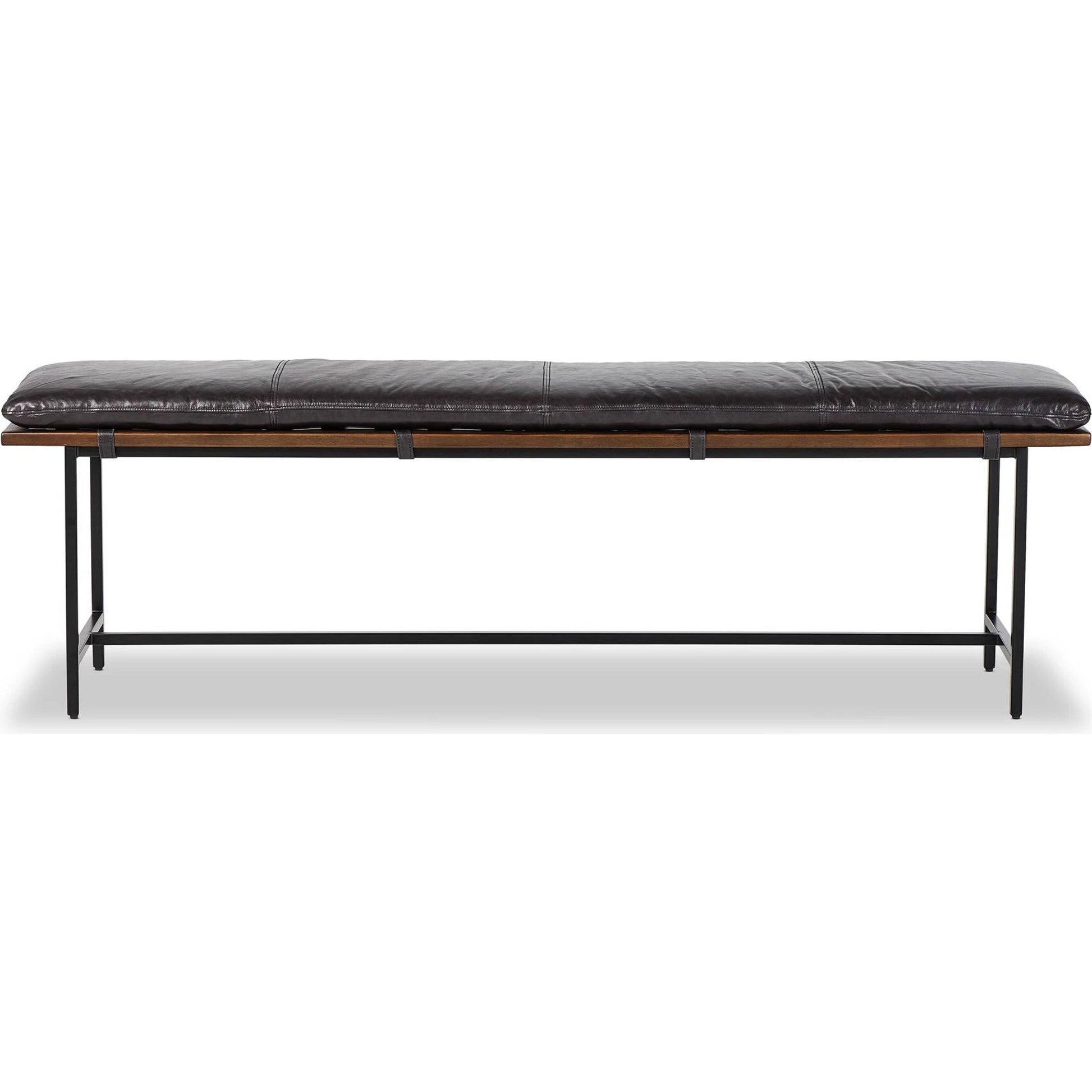 Gabine Accent Bench by Four Hands in brandy and midnight iron, toasted nettlewood. Made from top grain leather, iron, solid nettlewood in a modern style.