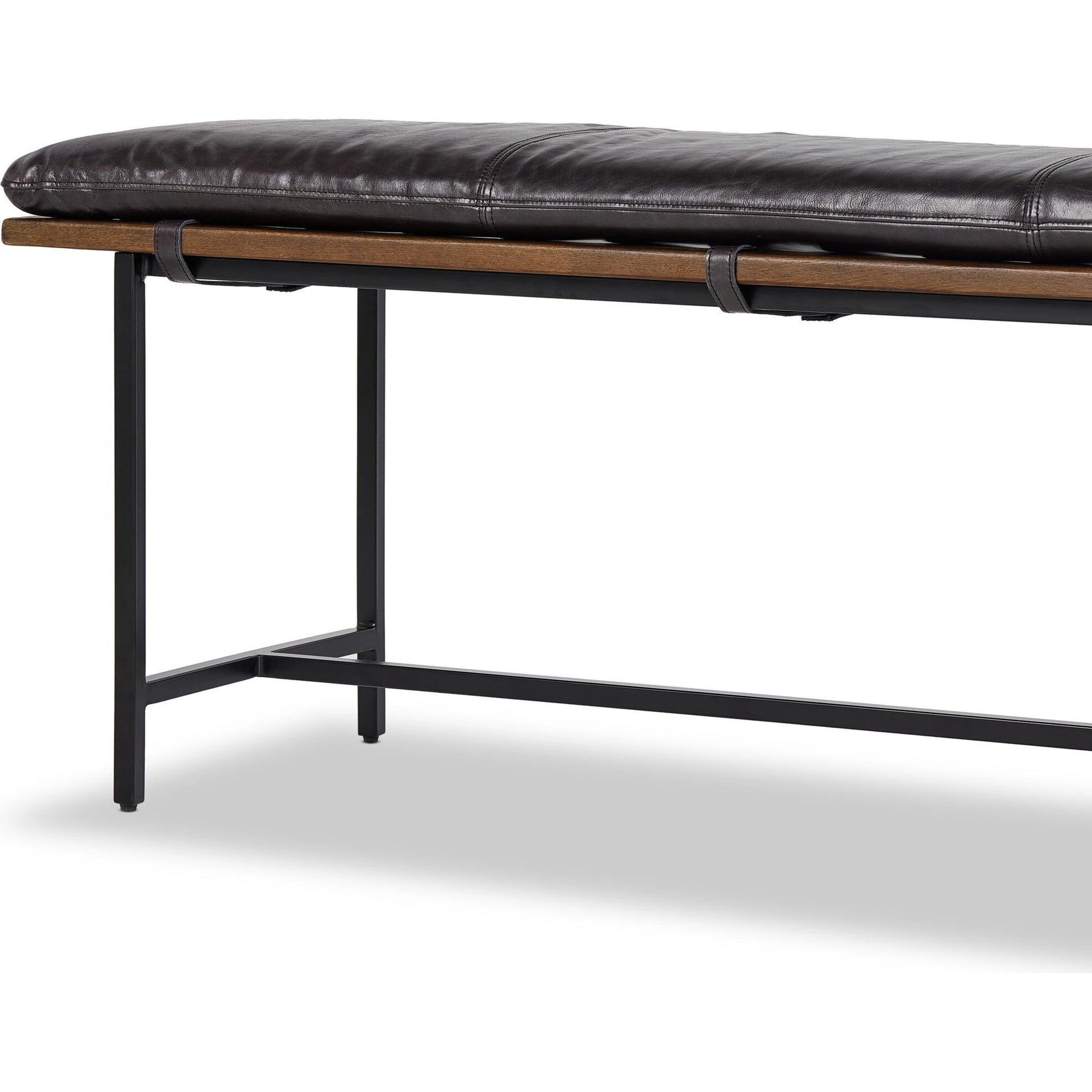 Gabine Accent Bench by Four Hands in brandy and midnight iron, toasted nettlewood. Made from top grain leather, iron, solid nettlewood in a modern style.