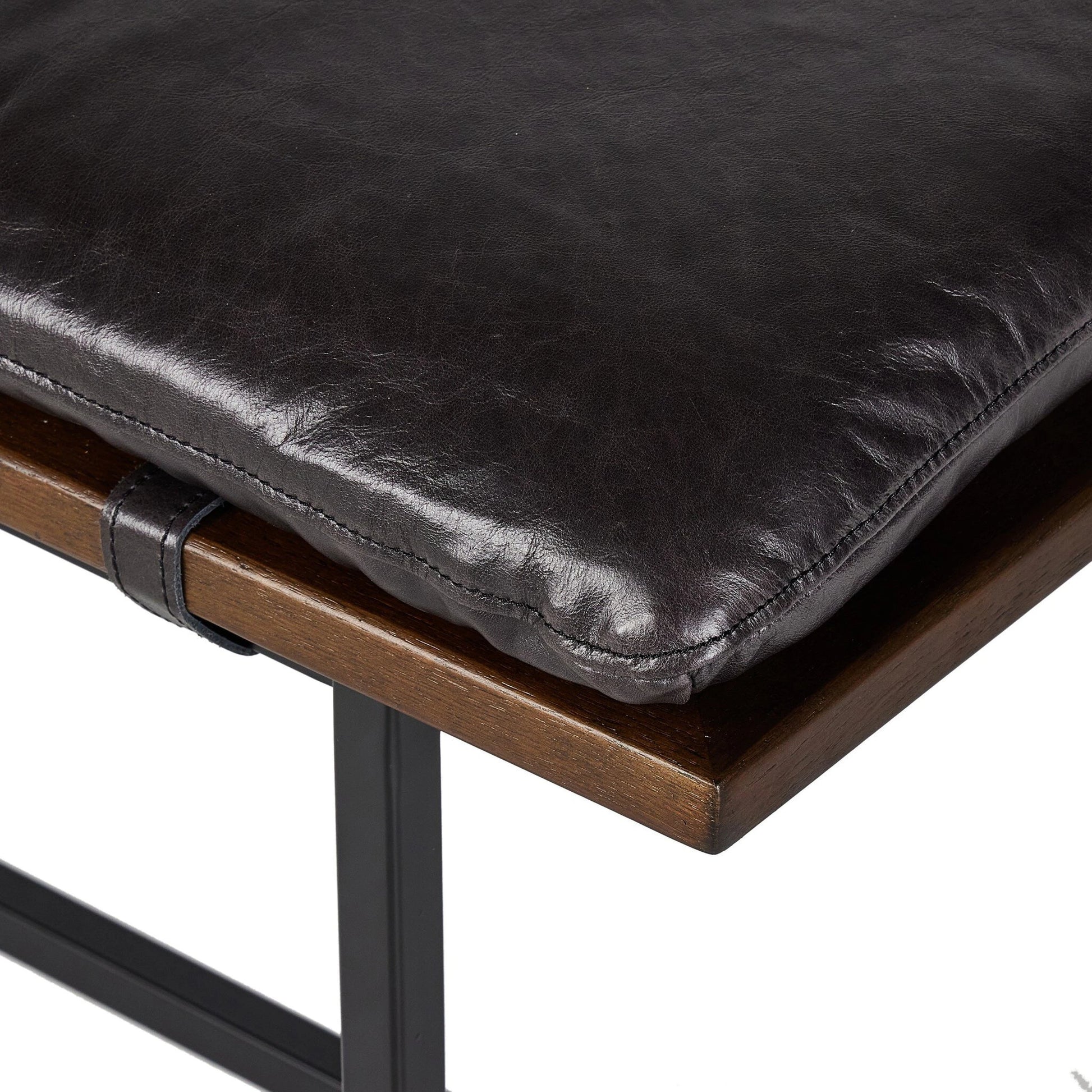Gabine Accent Bench by Four Hands in brandy and midnight iron, toasted nettlewood. Made from top grain leather, iron, solid nettlewood in a modern style.