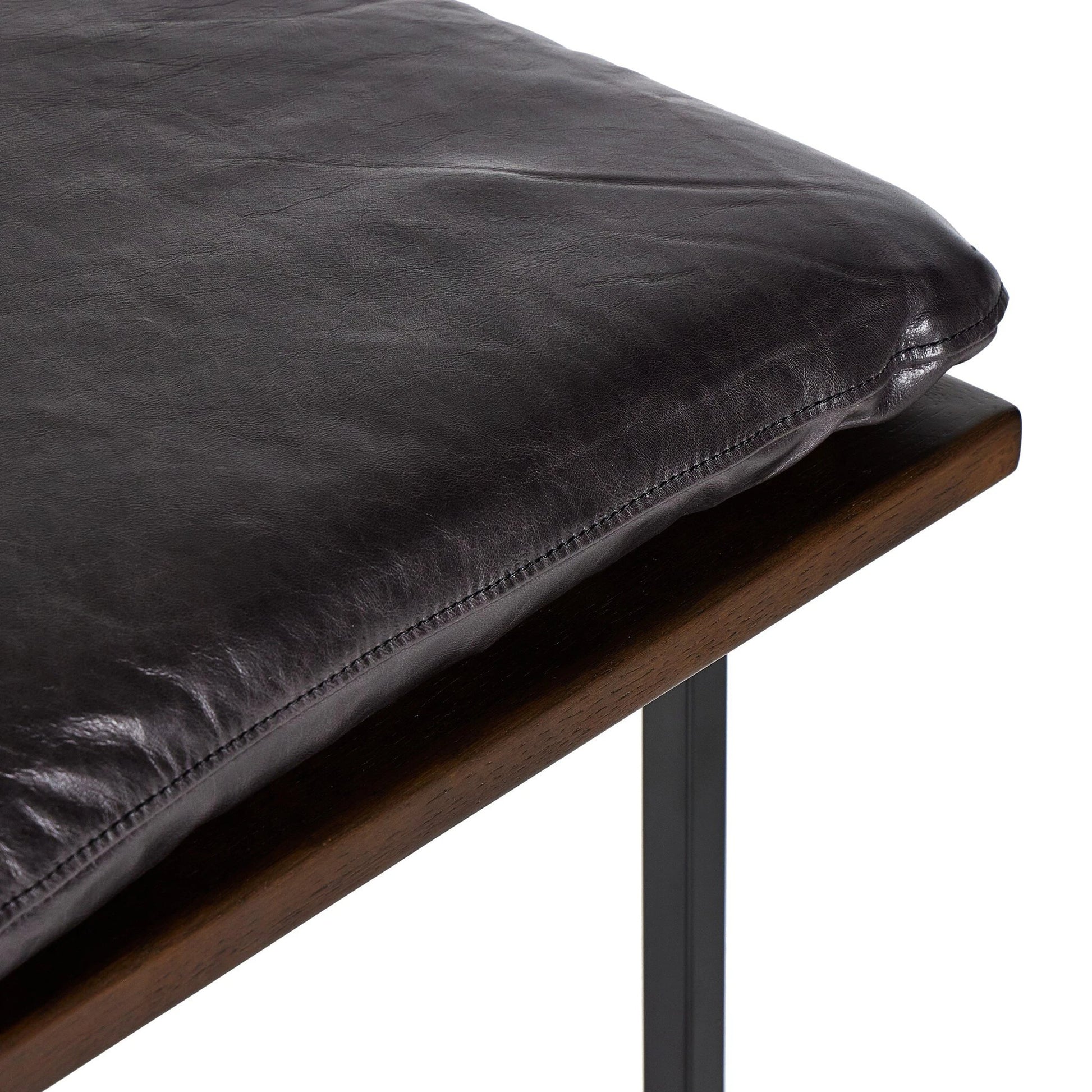 Gabine Accent Bench by Four Hands in brandy and midnight iron, toasted nettlewood. Made from top grain leather, iron, solid nettlewood in a modern style.
