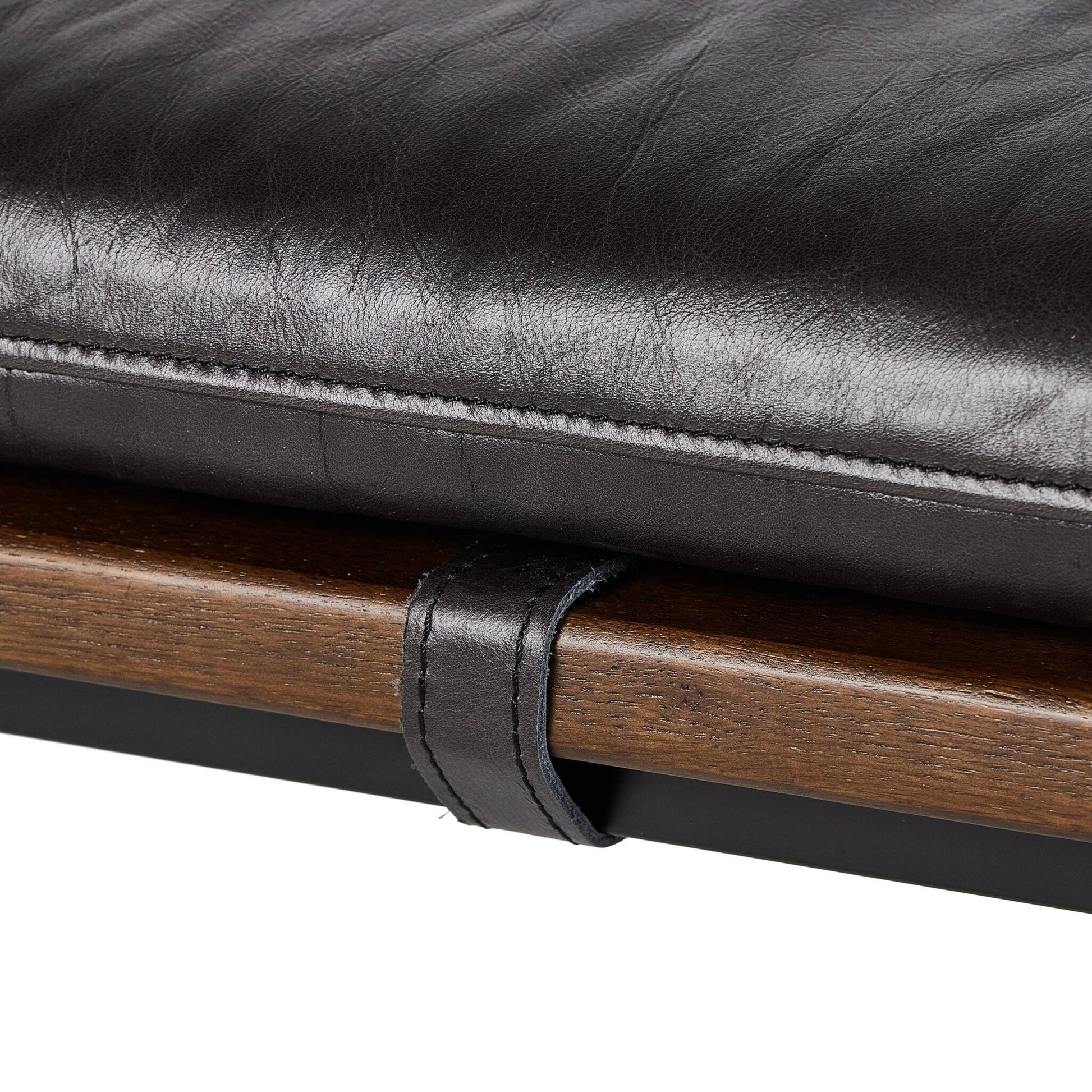 Gabine Accent Bench by Four Hands in brandy and midnight iron, toasted nettlewood. Made from top grain leather, iron, solid nettlewood in a modern style.