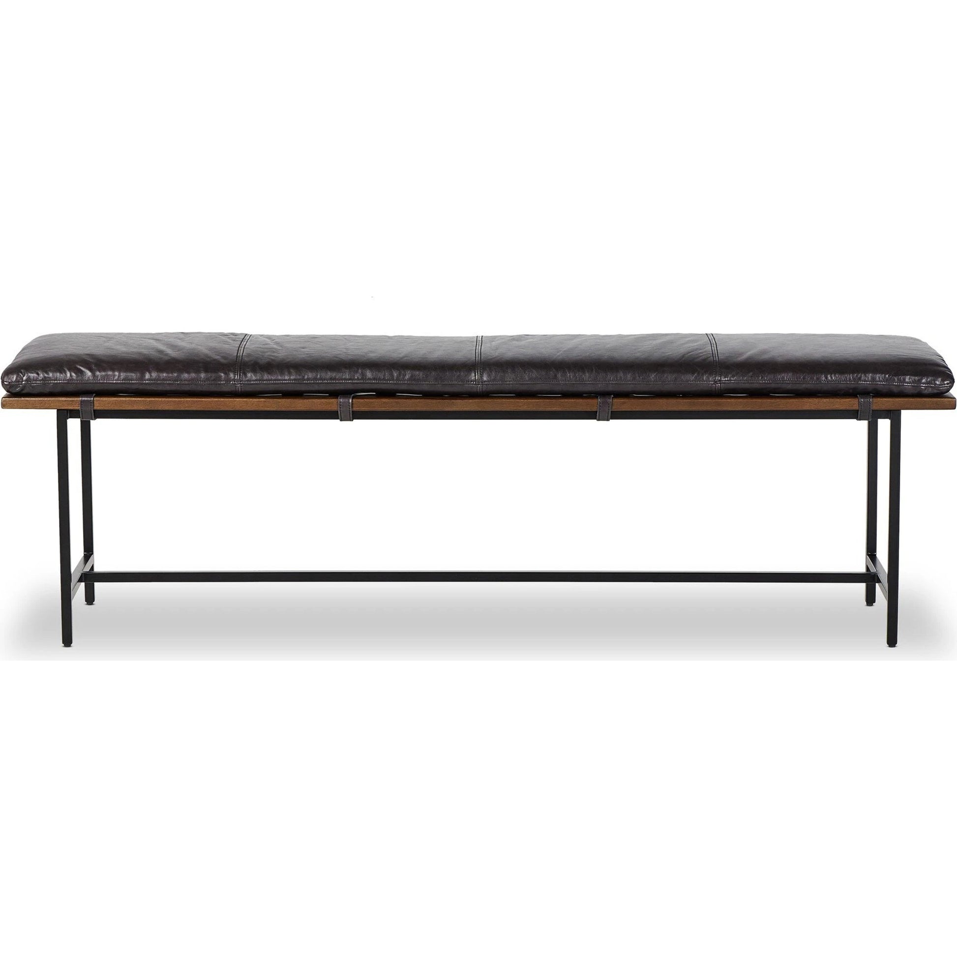 Gabine Accent Bench by Four Hands in brandy and midnight iron, toasted nettlewood. Made from top grain leather, iron, solid nettlewood in a modern style.