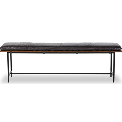 Gabine Accent Bench by Four Hands in brandy and midnight iron, toasted nettlewood. Made from top grain leather, iron, solid nettlewood in a modern style.
