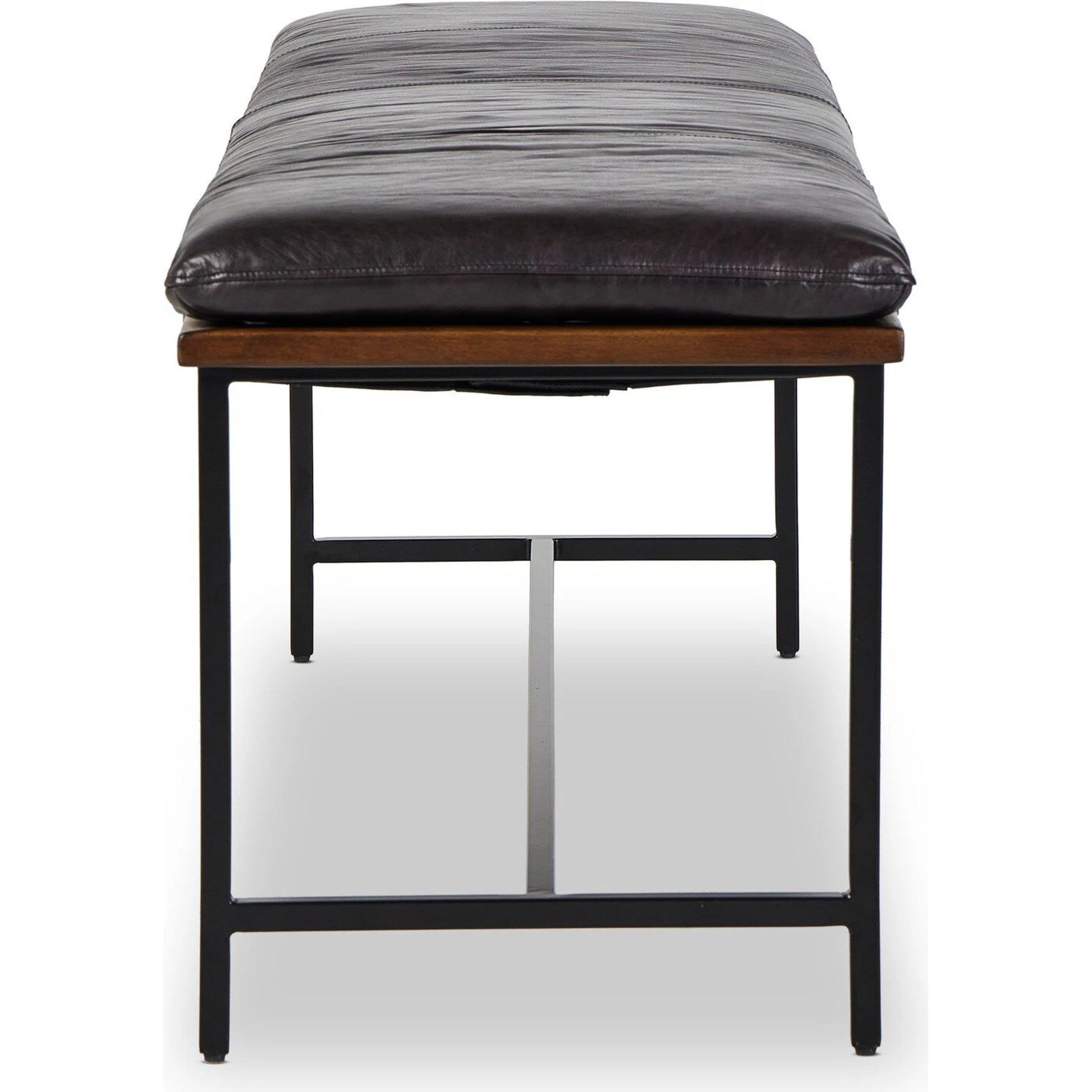 Gabine Accent Bench by Four Hands in brandy and midnight iron, toasted nettlewood. Made from top grain leather, iron, solid nettlewood in a modern style.