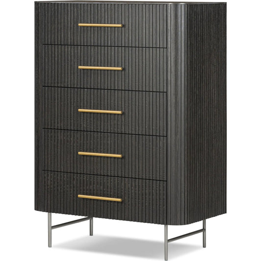 Fletcher 5 Drawer Dresser by Four Hands in distressed black oak. Made from bluestone, solid oak, iron in a modern style.