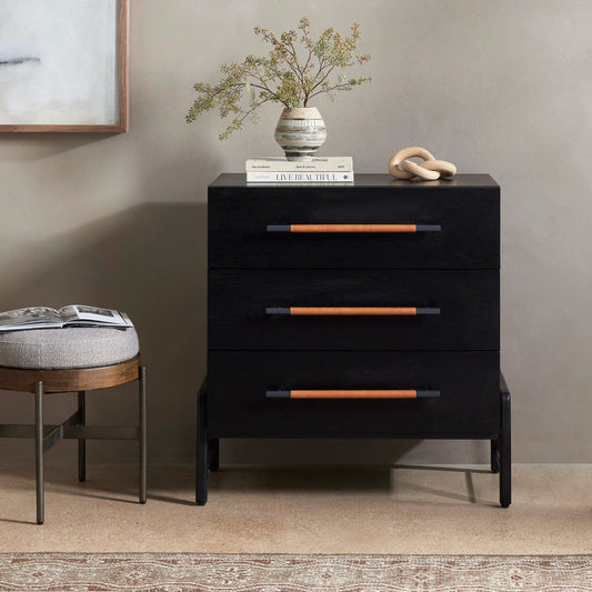 Rosedale 3 Drawer Dresser by Four Hands. Made from oak veneer, top grain leather in a modern style.