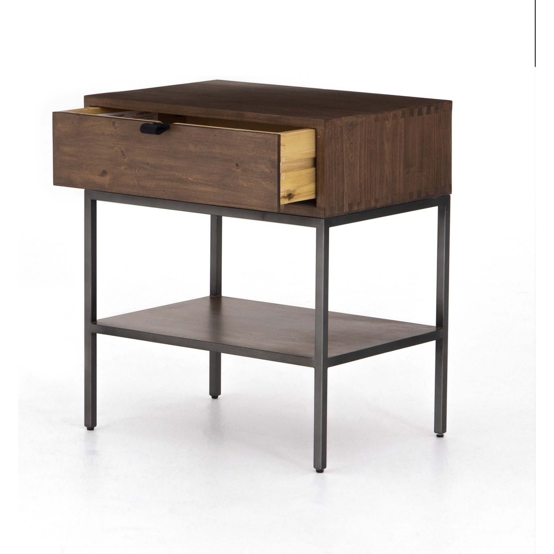 Trey Nightstand by Four Hands. Made from solid poplar, top grain leather, iron in a modern style.