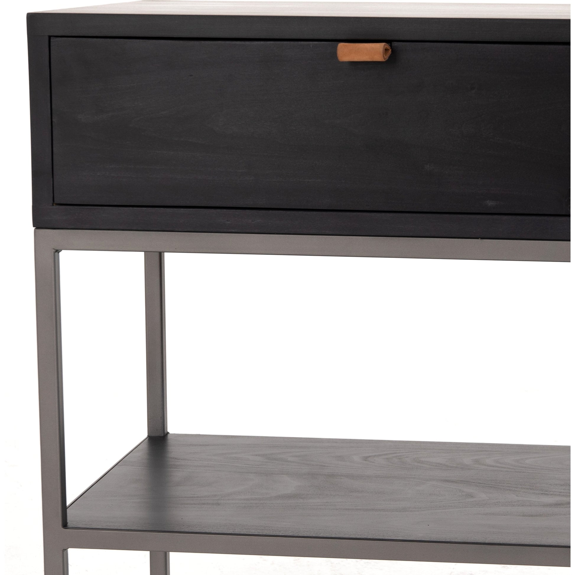 Trey Nightstand by Four Hands. Made from solid poplar, top grain leather, iron in a modern style.