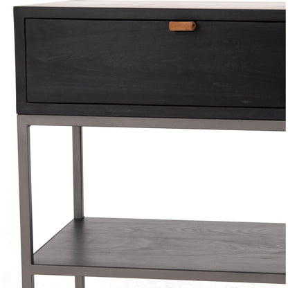 Trey Nightstand by Four Hands. Made from solid poplar, top grain leather, iron in a modern style.