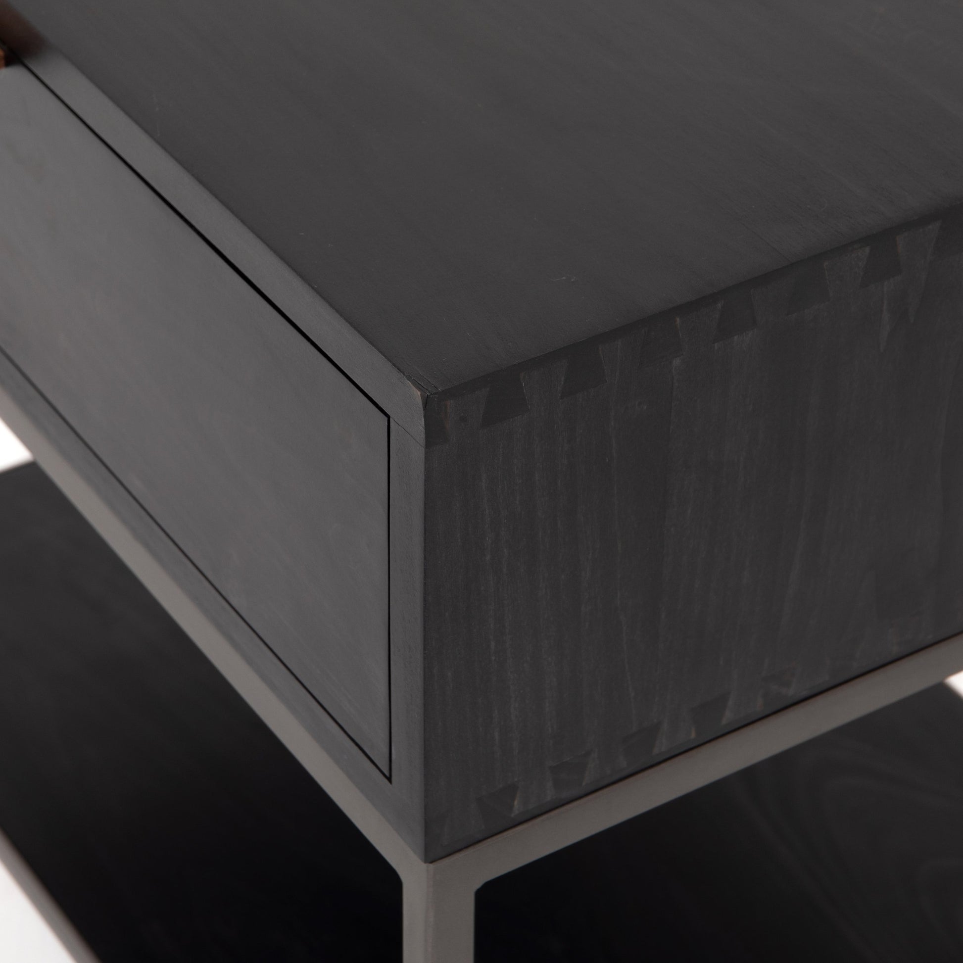 Trey Nightstand by Four Hands. Made from solid poplar, top grain leather, iron in a modern style.