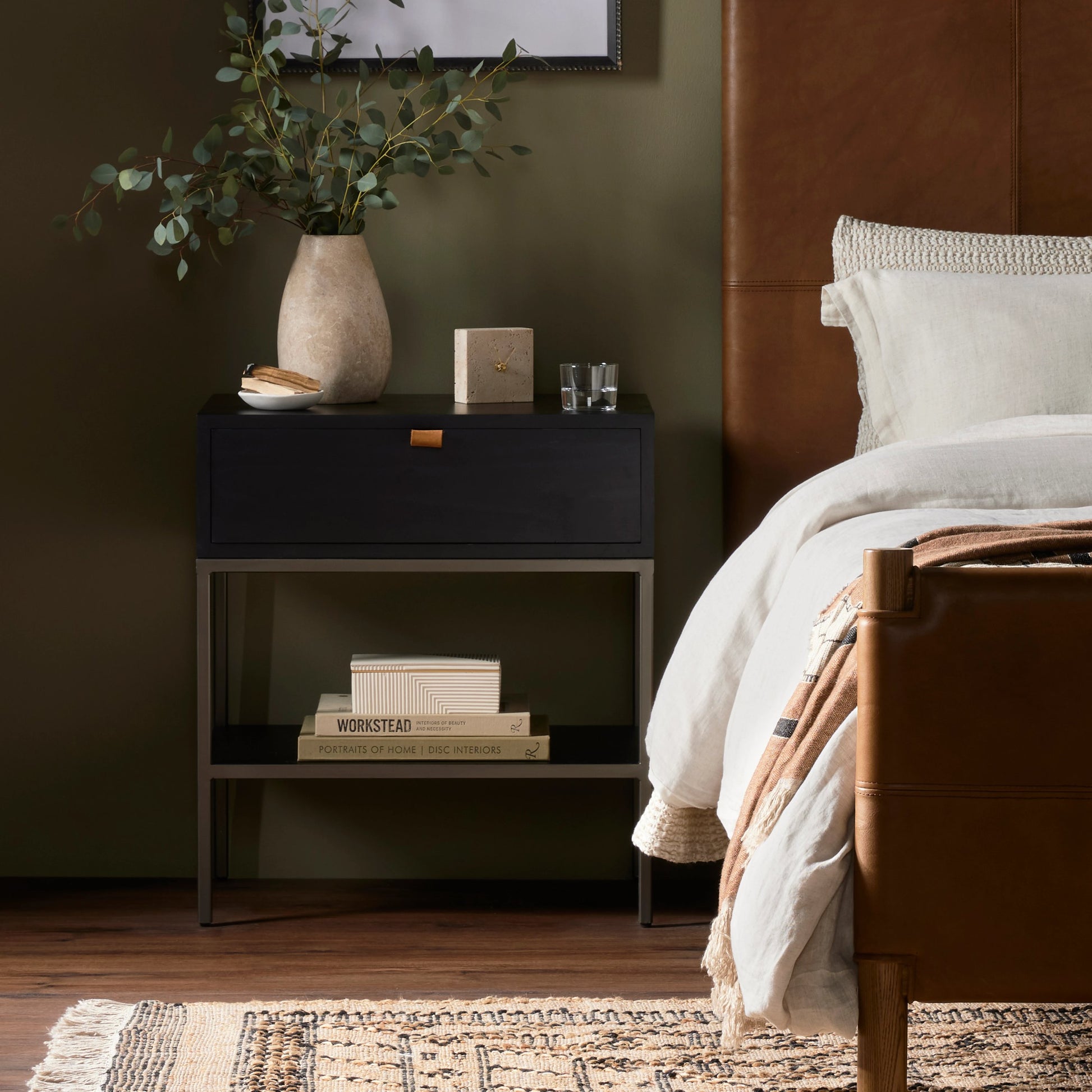 Trey Nightstand by Four Hands. Made from solid poplar, top grain leather, iron in a modern style.