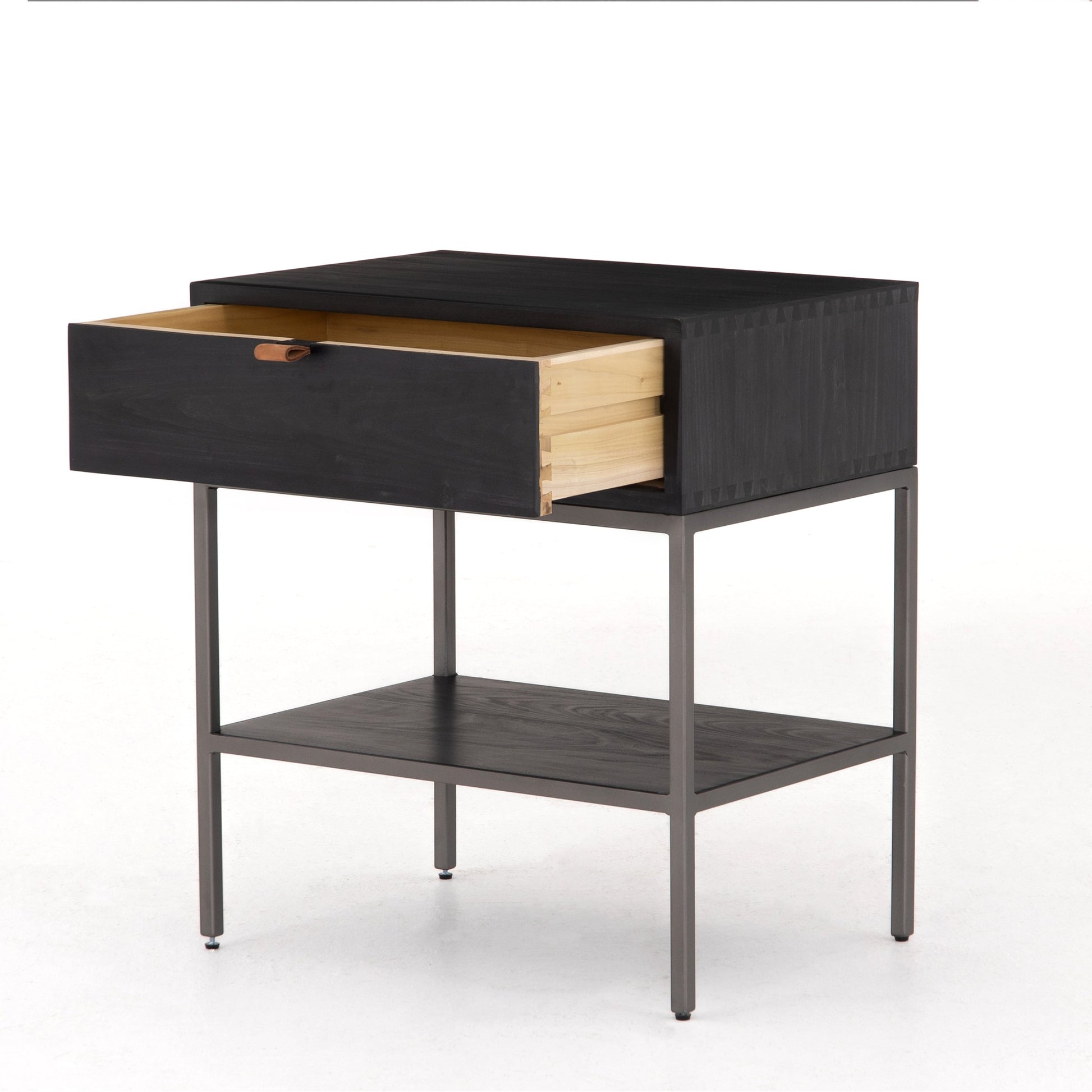 Trey Nightstand by Four Hands. Made from solid poplar, top grain leather, iron in a modern style.