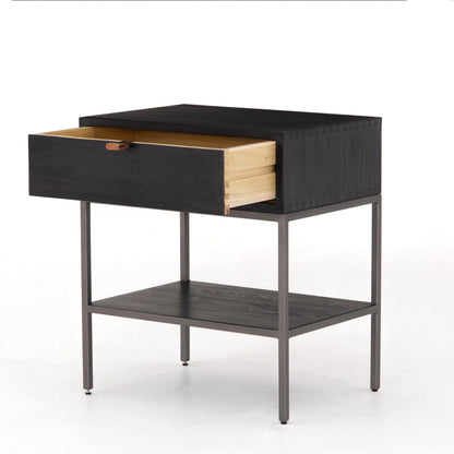 Trey Nightstand by Four Hands. Made from solid poplar, top grain leather, iron in a modern style.