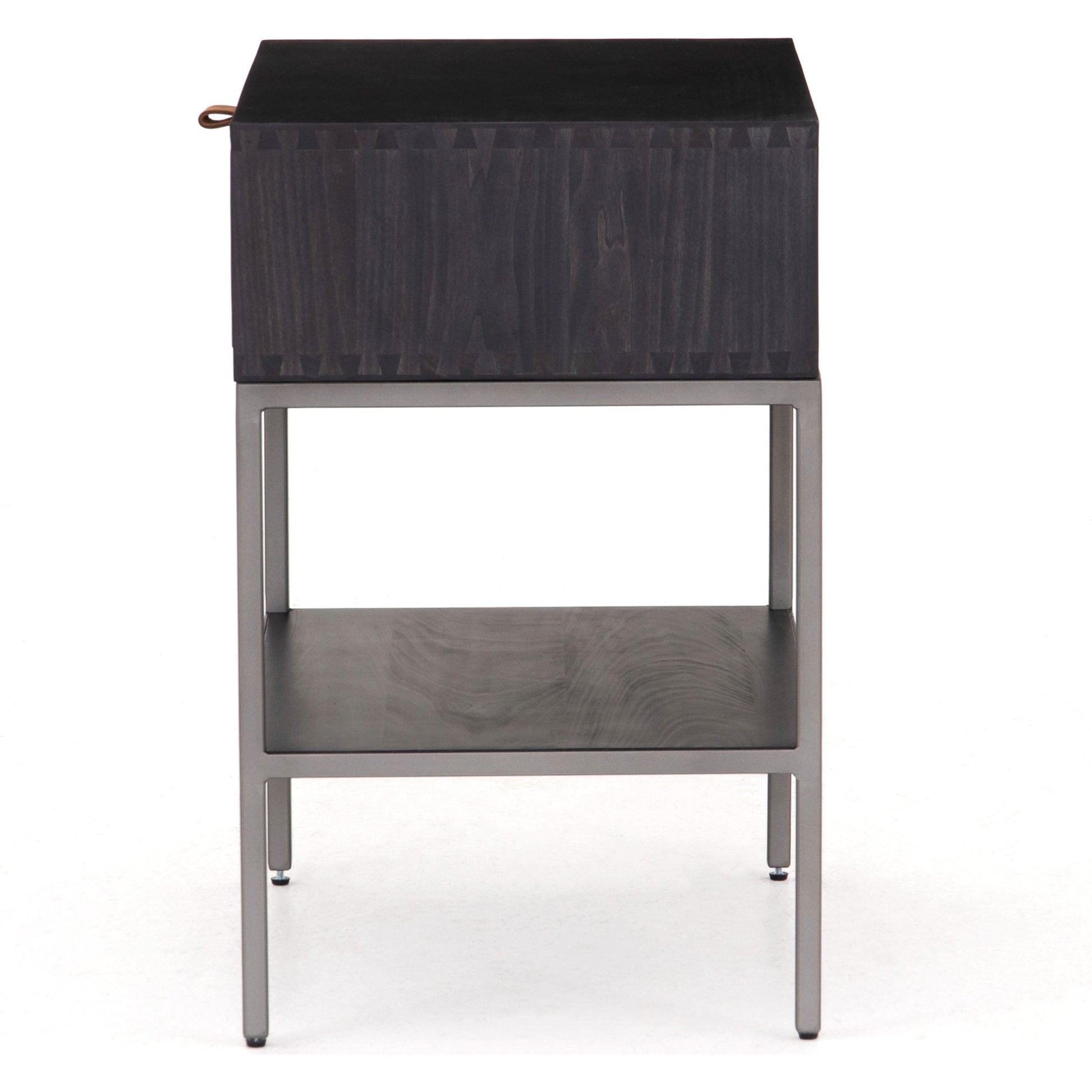 Trey Nightstand by Four Hands. Made from solid poplar, top grain leather, iron in a modern style.