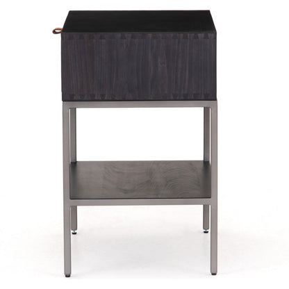 Trey Nightstand by Four Hands. Made from solid poplar, top grain leather, iron in a modern style.