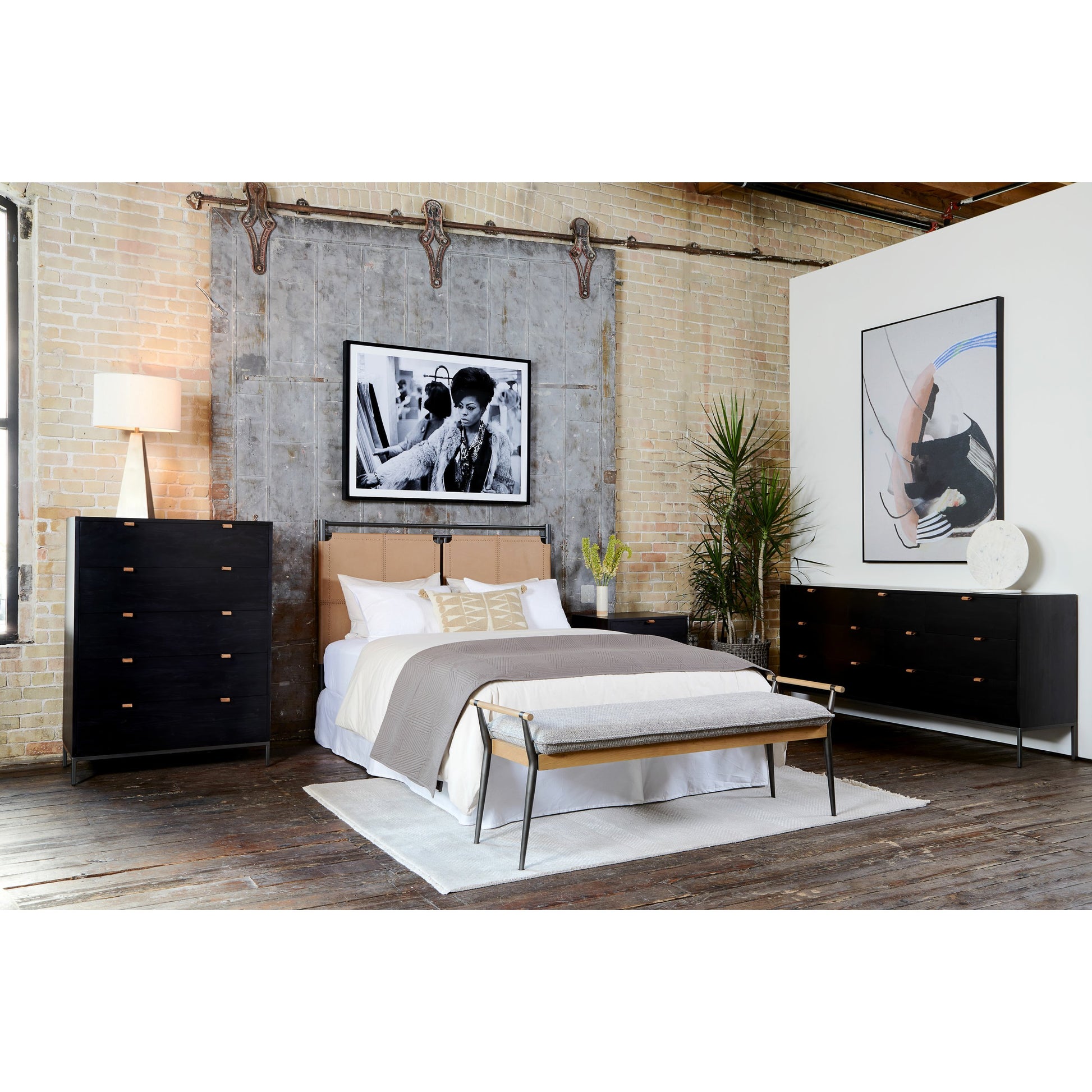 Trey Nightstand by Four Hands. Made from solid poplar, top grain leather, iron in a modern style.