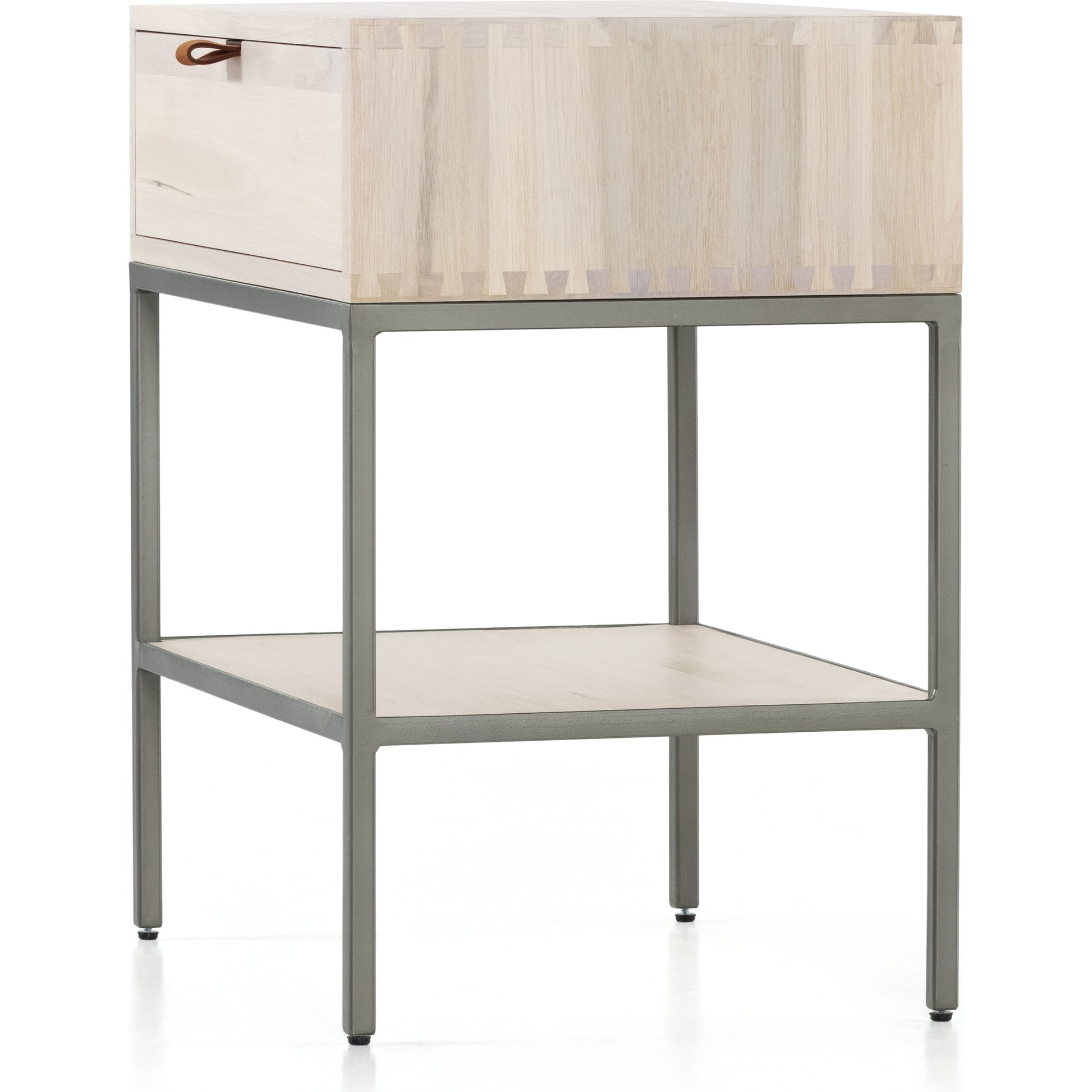 Trey Nightstand by Four Hands. Made from solid poplar, top grain leather, iron in a modern style.