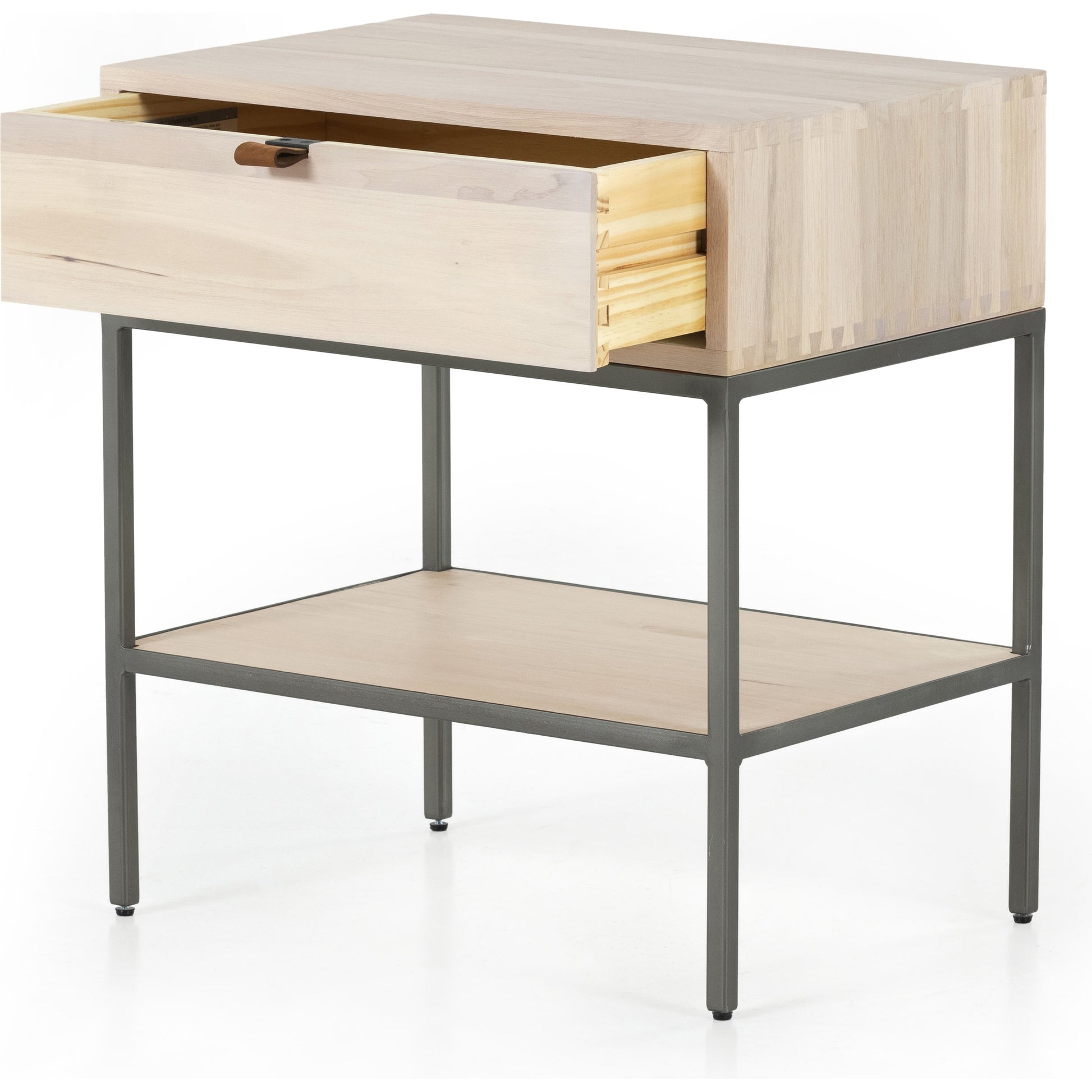 Trey Nightstand by Four Hands. Made from solid poplar, top grain leather, iron in a modern style.