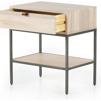 Trey Nightstand by Four Hands. Made from solid poplar, top grain leather, iron in a modern style.