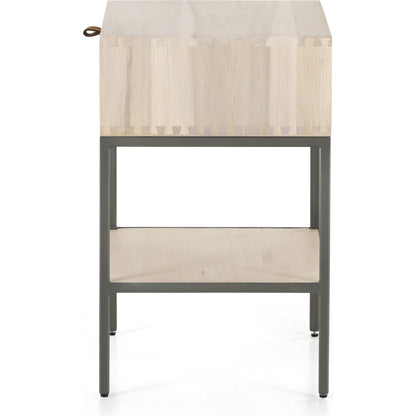 Trey Nightstand by Four Hands. Made from solid poplar, top grain leather, iron in a modern style.