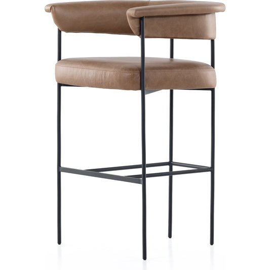 Carrie Bar Stool by Four Hands in matte black. Made from top grain leather, iron, 100% polyester in a transitional style.